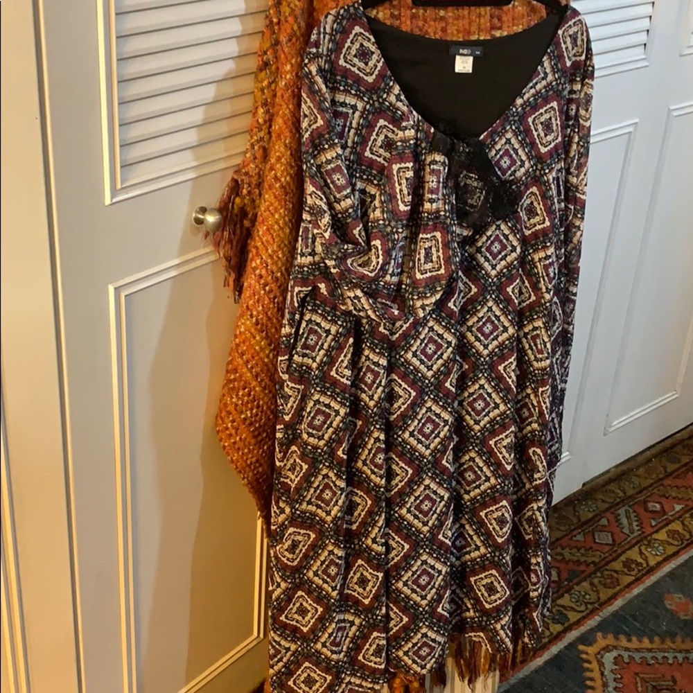 NWOT Sheer ING geometric pattern dress, laceup front lace cuffed sleeves